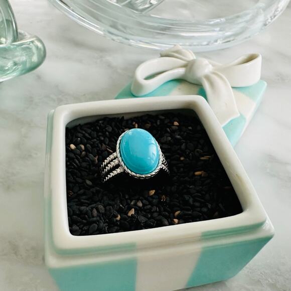 Turquoise Oval Bezel Set .925 Sterling Silver Braided Ring Size 7 Jay King - Picture 1 of 5